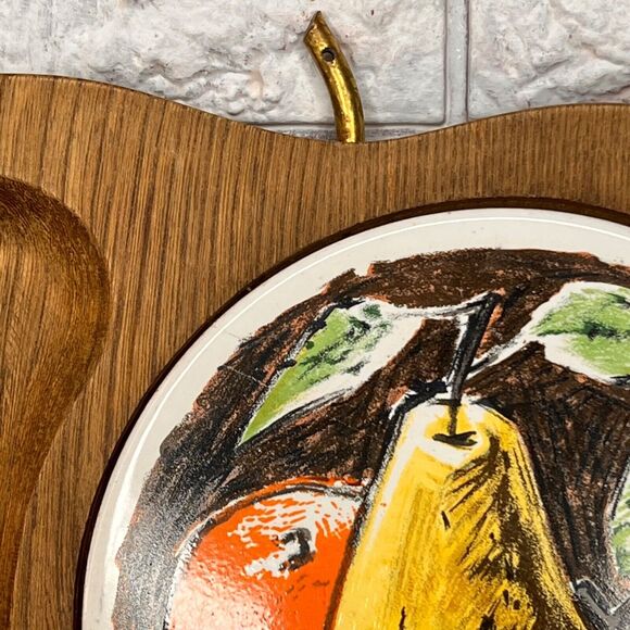 Vintage Wood Cheese Board Server Ceramic Tile Signed Fred Press Sere Fruit MCM - Picture 6 of 7